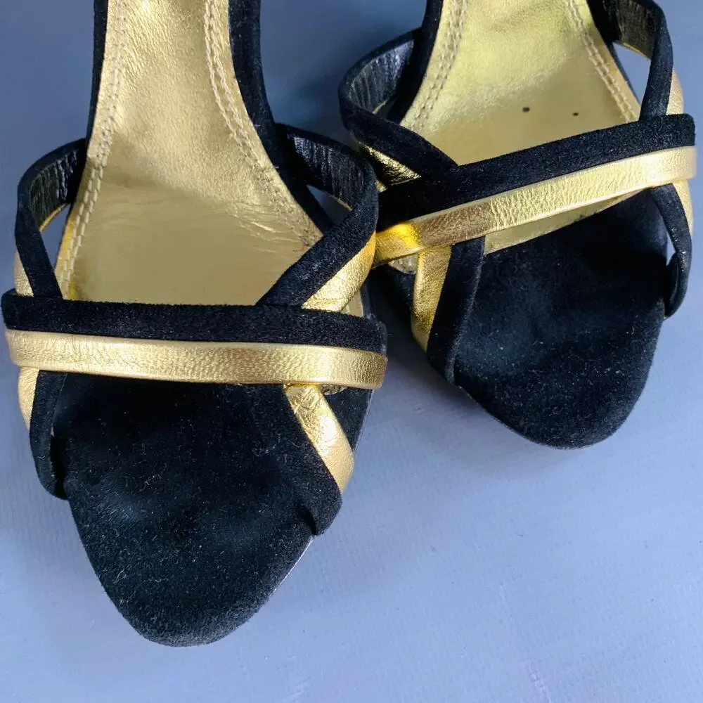RALPH LAUREN 6 Black Metallic Gold Suede Leather Strappy Ankle Strap Sandals